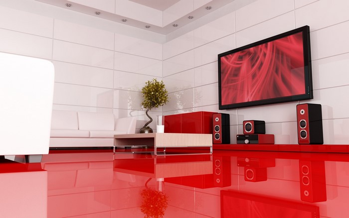 Modern living room with red accents and TV