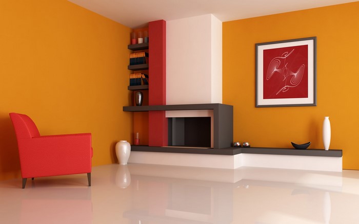 Modern living room with orange walls and red armchair