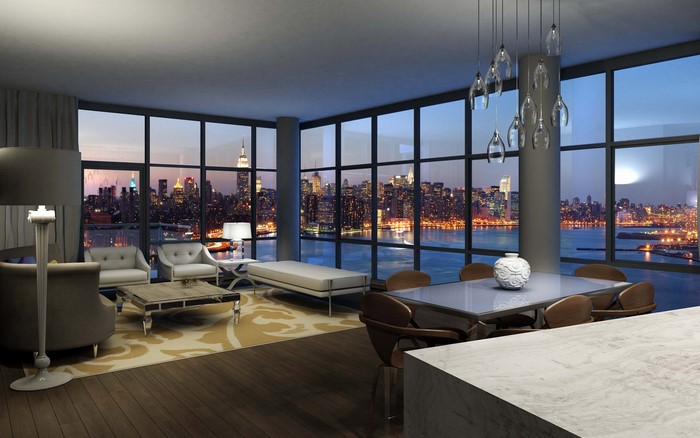 Modern living room with New York City skyline view