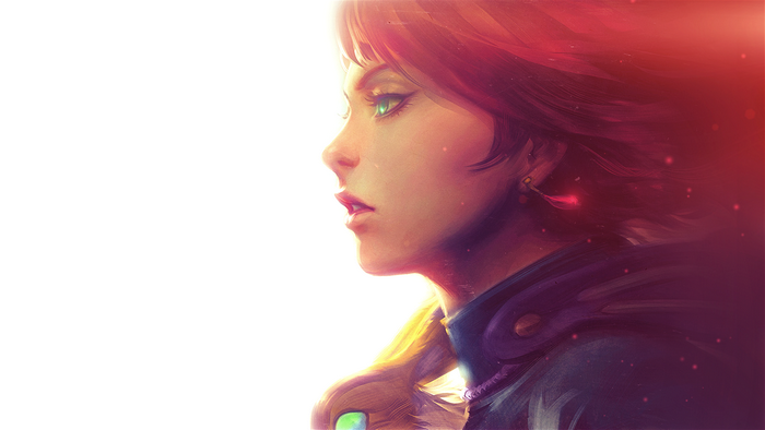 Redhead girl in profile with windblown hair