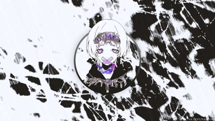 Anime girl with purple eyes and taped mouth