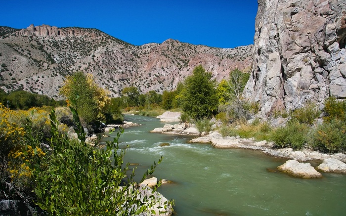 River flowing through a rocky canyon with mountains