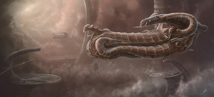 Artwork of spaceships in a cloudy, alien landscape
