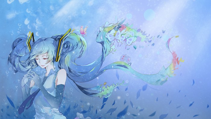 Hatsune Miku in the deep sea with butterflies