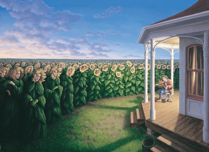 Surreal painting of a man playing violin on a porch with sunflower people