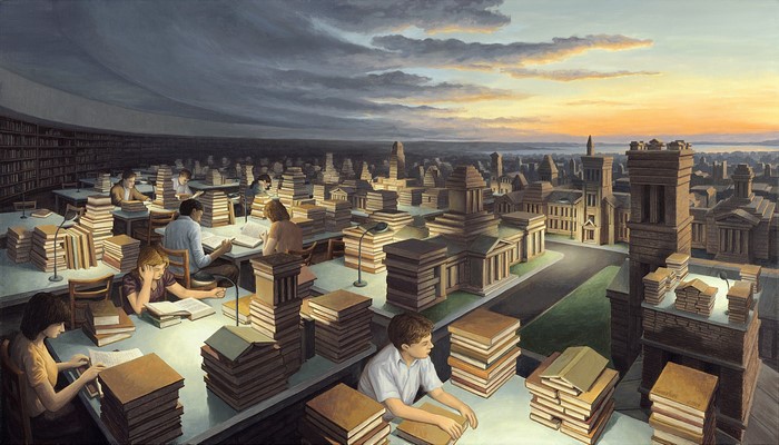 Surreal library cityscape with people reading