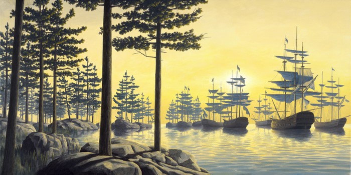 Rob Gonsalves surreal artwork of ships and trees