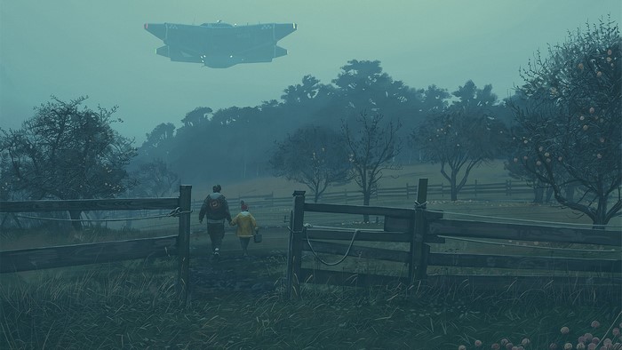 Father and child walk past a fence with a spaceship overhead