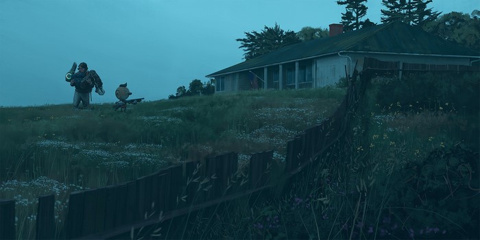 Man and robot in a field near a house