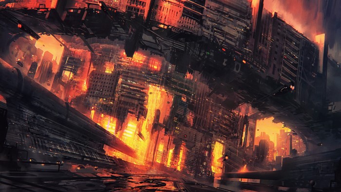Futuristic Cyberpunk Cityscape with Orange Glow