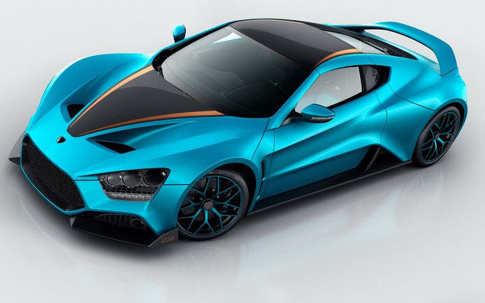 Blue Zenvo ST1 supercar with black and copper accents