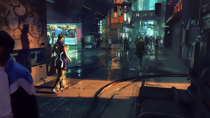 Cyberpunk city street with people and neon lights