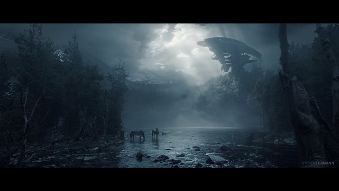 Horses in a river with a spaceship overhead