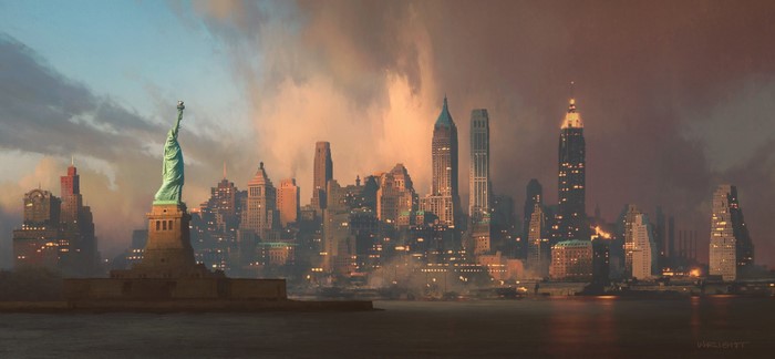 Statue of Liberty and New York City Skyline at Dusk