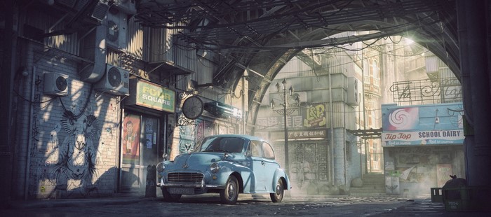 Retro car parked in a gritty urban alleyway