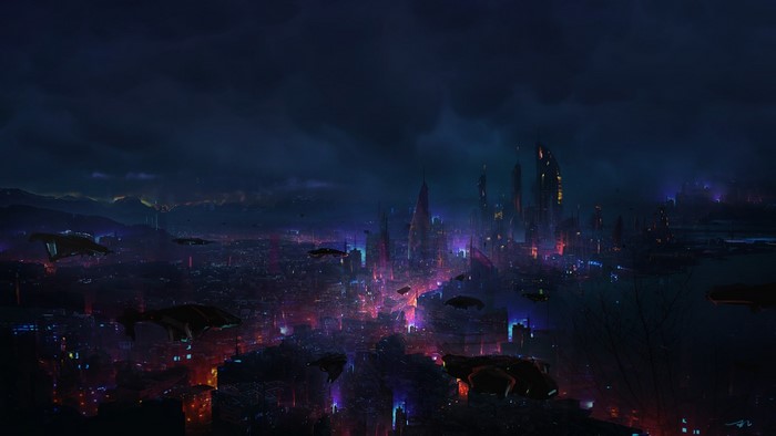 Futuristic city at night with flying vehicles