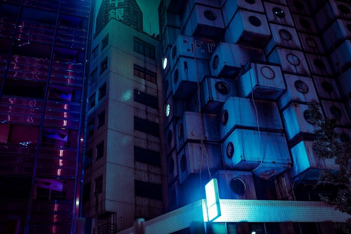 Night view of Nakagin Capsule Tower, Tokyo