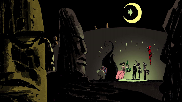 DC Comics characters in a mysterious landscape