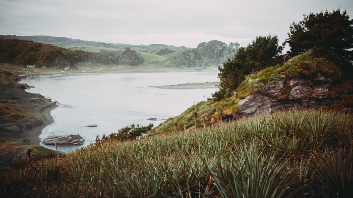 Coastal landscape with river mouth and beach