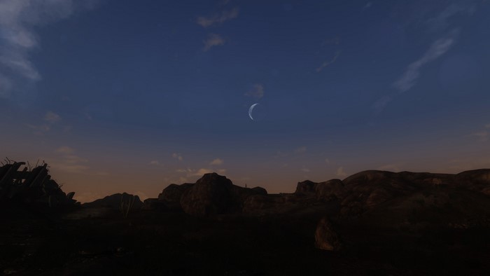Moon over apocalyptic landscape in Fallout: New Vegas
