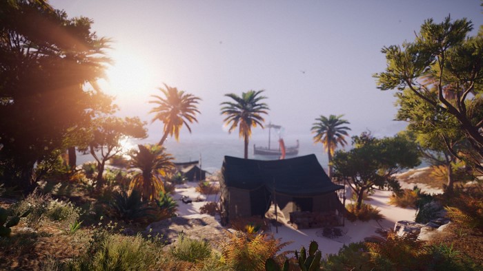 Assassin's Creed Odyssey: Beach camp with ancient ship