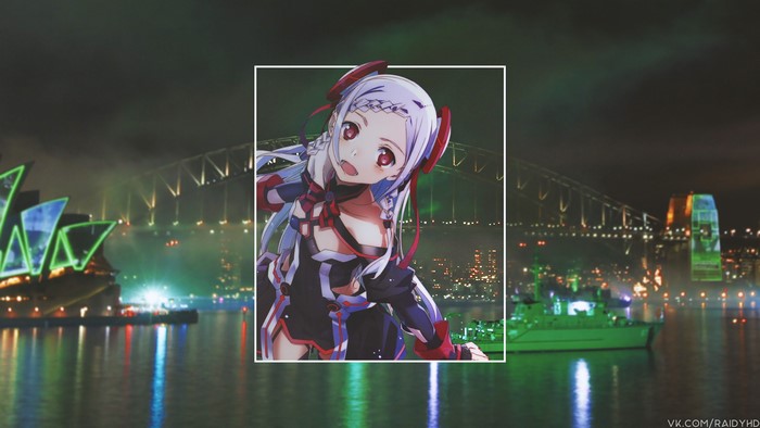 Anime girl with red eyes in front of Sydney Opera House and Harbour Bridge