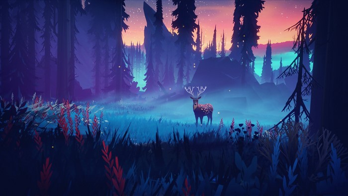 Deer in a mystical forest at twilight