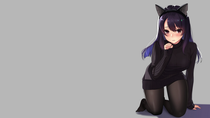 Anime cat girl with purple hair wearing a black sweater and tights