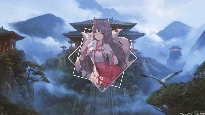 Anime girl with fox ears and tails in traditional Japanese attire