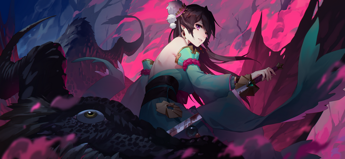 Anime girl with sword and dragon