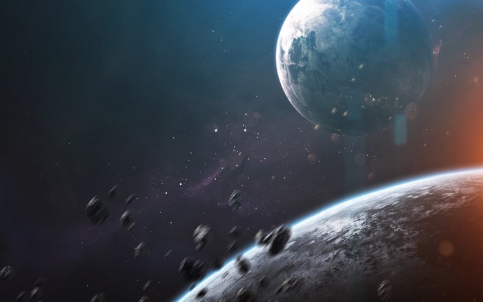 Planets and asteroids in deep space digital art