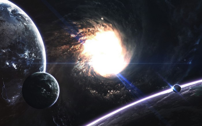 Planets and a bright nebula in space art