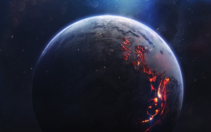 Planet with glowing lava in space