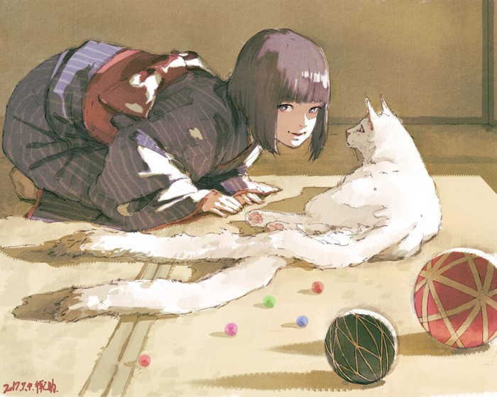 Girl in Kimono with Cat and Balls