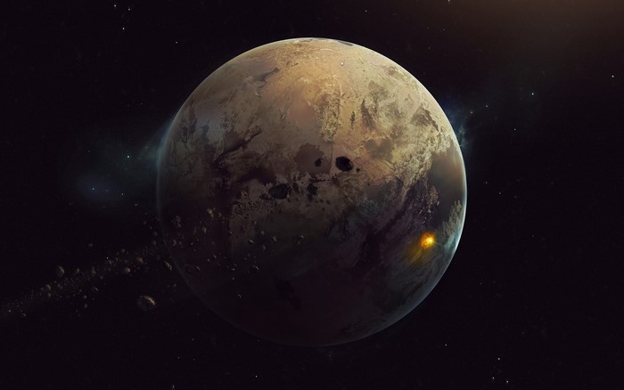 Planet with asteroid belt and nebula in space