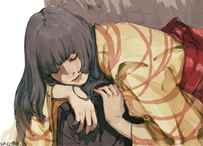 Anime girl in kimono crying