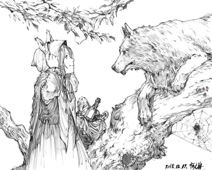 Girl in Red Riding Hood costume facing a wolf