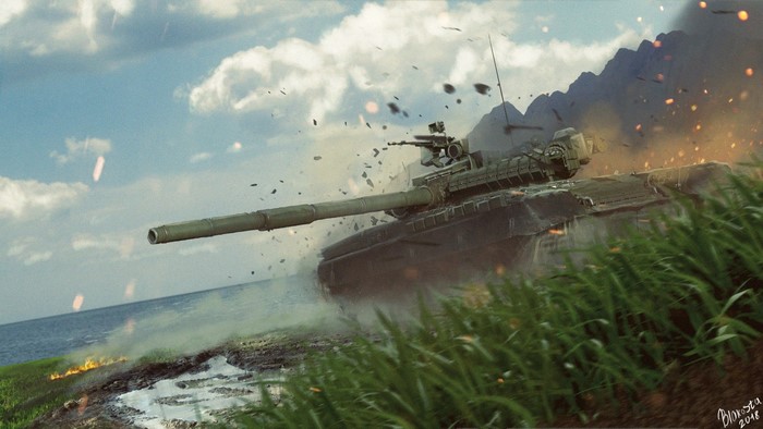 Russian tank in action near the sea