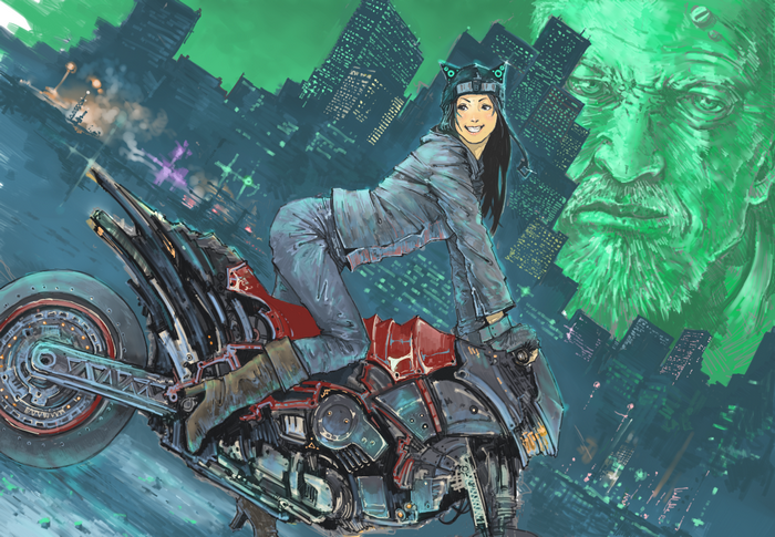 Girl with cat ears on a motorcycle in a futuristic city
