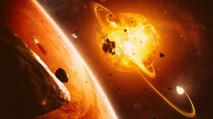 Apocalyptic space art with planets and a sun