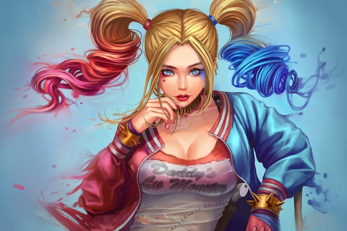 Harley Quinn with blonde hair and pigtails