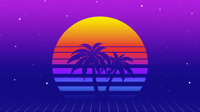 Synthwave Sunset with Palm Trees and Grid