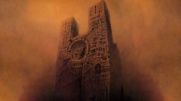 Surreal painting of a gothic cathedral in fog