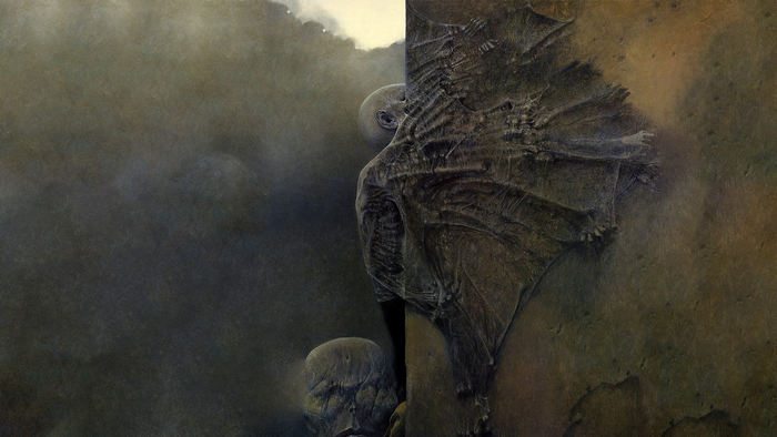 Surreal figures in a dark, misty landscape