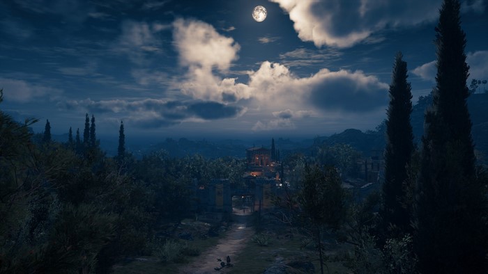 Assassin's Creed Odyssey: Night landscape with moon and village
