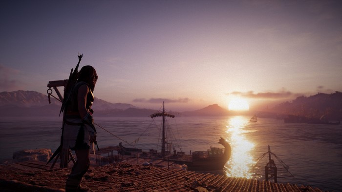 Kassandra from Assassin's Creed Odyssey at sunset