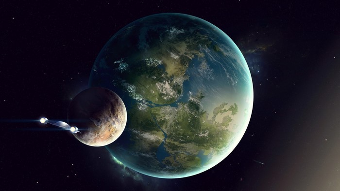 Spaceship near a planet and moon in space