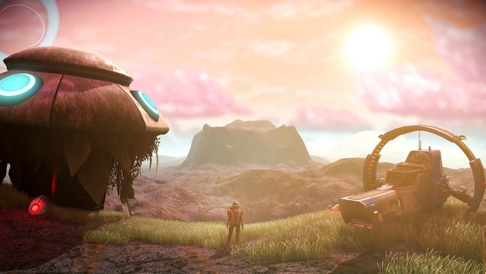 No Man's Sky screenshot with alien structures and spaceship