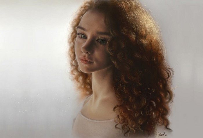 Portrait of a young woman with curly hair