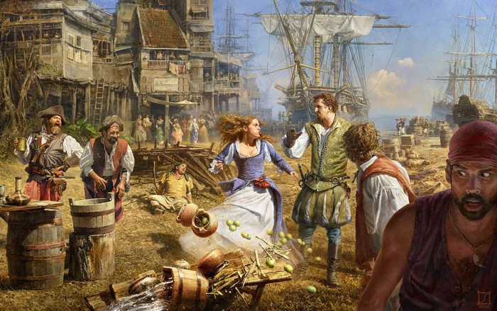 Pirate town scene with ships and people
